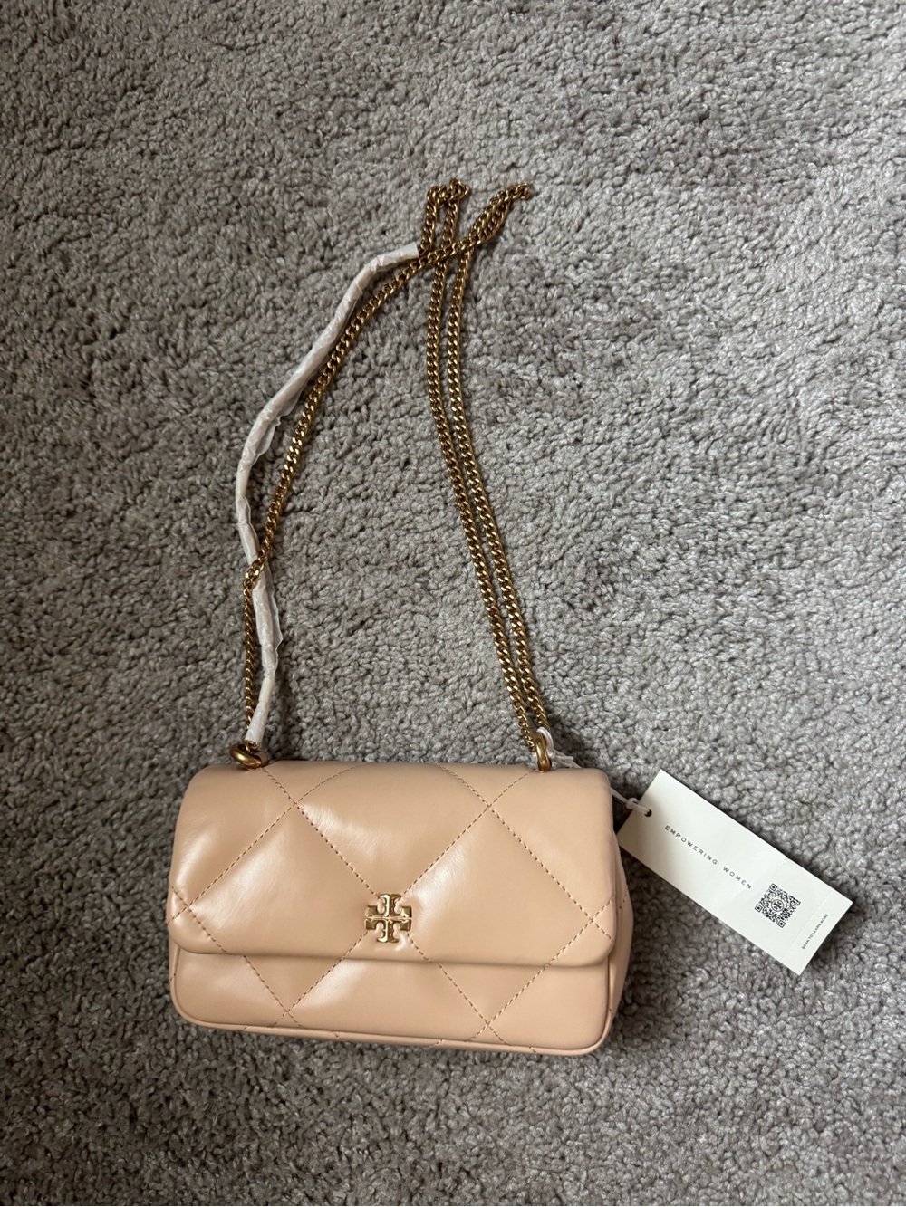 Tory Burch Mini Kira Quilted Leather Crossbody with Gold Chain in Apricot